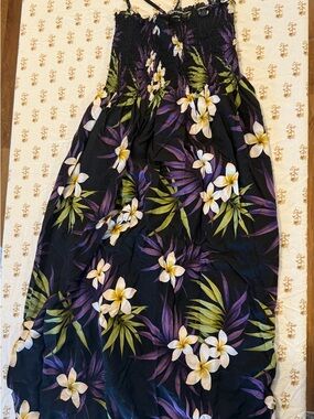 Black Strapless Maxi Dress with Purple & Green Tropical Print